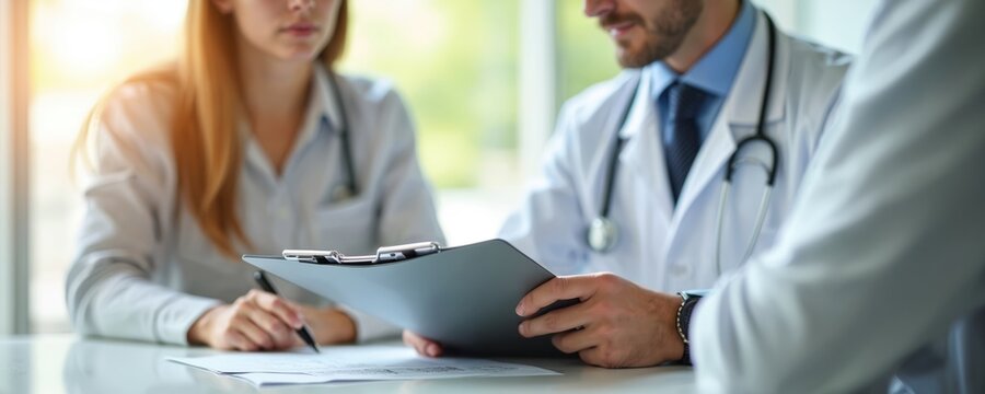 Male doctor explains medical exam results to female patient. Provides health advice during consultation at sunny clinic office desk. Physician holds clipboard with patient data. Woman writes notes,