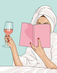 Young Woman Relaxing on a Cozy Bed, Reading a Blank Cover Pink Book, Wearing a Turban Towel and Bath Robe Holding a Wine Glass in Bed Isolated on Light Blue Background