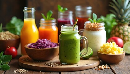Assortment of healthy foods with green smoothie, juices, yogurt, fruits, and vegetables. Good for diet, detox, and wellness lifestyle. Offers fresh ingredients for healthy eating.
