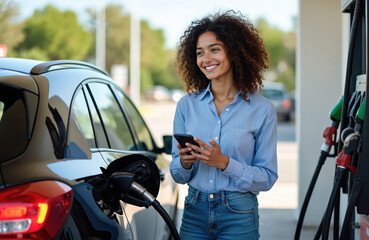 Young woman fuels black car at gas station. Smiles, looks away, holds mobile phone. Gas nozzle fills automobile fuel tank. Highlights unsafe behavior using smartphone near petrol pump. Pretty girl