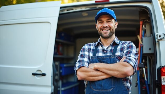 Smiling repairman stands near van. Caucasian man wears cap and uniform. Plumber crossed arms. Self employed service worker, construction tradesman ready for repair job at home or shop.