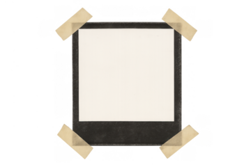 Blank instant camera print secured with tape, creating a vintage memory template with a transparent background