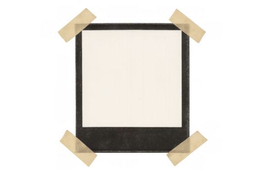 Blank instant camera print secured with tape, creating a vintage memory template with a transparent background - Powered by Adobe