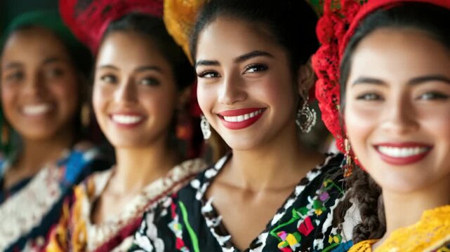 Smiling women in traditional dresses with vibrant colors and embroidered patterns
