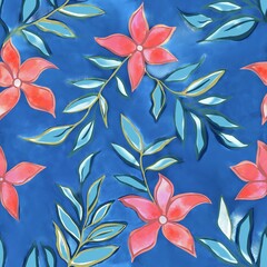 Seamless botanical pattern featuring hand-painted pink flowers and stylized blue-green leaves on a vibrant cobalt background. Soft watercolor textures combined with subtle outlines create an artistic,
