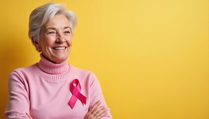 Smiling senior woman with grey hair wears pink sweater, pink ribbon. Smiles looking into distance on yellow background. Image breast cancer awareness, support, good health. Older lady shows hope,