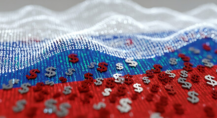 Conceptual 3D rendering of the Russian flag made of digital data with falling dollar signs symbolizing economic sanctions and financial turmoil