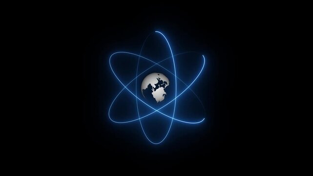 Atom icon , atom symbols on Motion graphics.Glowing atom symbol on Neon blue color shine atom icon animation. World map animation Technology icon animation on black background. 4k video