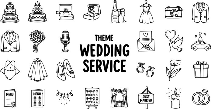 Wedding Service Doodle Icons: Hand-Drawn Bridal Elements for Invitation Design
