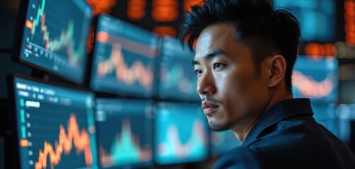 Pro analyst monitoring stock market charts on multiple screens. Man observes financial data trends in trading room. Businessperson analyzes market performance. Investor examines stock price