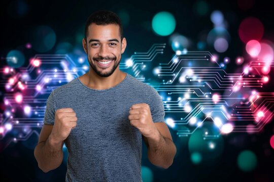 Capturing joy: a relaxed approach to happiness. Cyber interaction. Enhanced visuals: vibrant scene captures manâ€™s radiant smile. Smart technology. Futuristic technology.