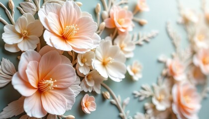 Close-up of 3D floral wall mural with blooming freesias in pastel tones. Delicate petals and buds arranged on soft blue background. Textured artistic design for home decor.