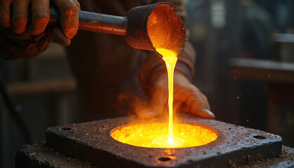 Skilled artisan pours bright molten metal from crucible into casting mold. Liquid glowing material streams continuously in dark workshop. Extreme heat, fiery orange light, sparks, smoke clearly