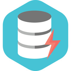 Database Icon Representing Data Storage With A Lightning Bolt Symbol Indicating Speed And Performance In A Hexagonal Cyan Frame
