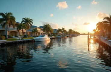 Fototapeta premium Scenic view of coastal houses, condos on bay with palm trees. Luxury yacht on canal in Hernando Beach Florida. Water reflects building and sunset. Idyllic landscape view of the resort.