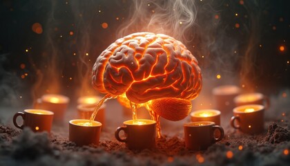 Glowing orange brain radiates energy. Hot liquid pours from brain into coffee cups below. Steam rises around, showing mental stimulation, caffeine effect. Illustration represents focus, mental power,