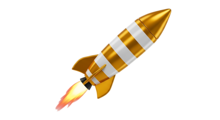 Gleaming Gold and White Striped Rocket Ship Ascending with Fiery Exhaust, isolated on a white or transparent background, cutout, PNG