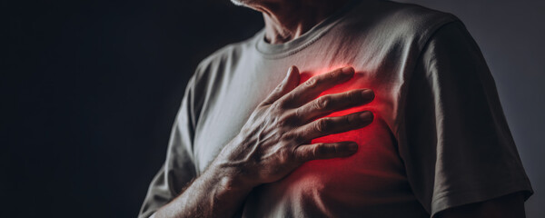 A man suffering from heart attack, hand on his chest, cardiac disease, stroke red warning highlight