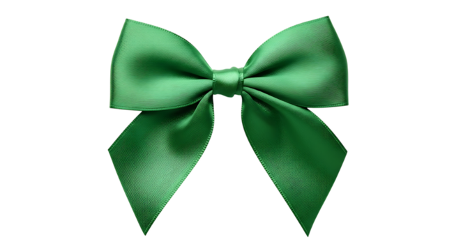 Shiny green satin bow with tied knot and flowing ribbon tails, isolated on a white or transparent background, cutout, PNG