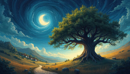 Surreal scene with large tree and crescent moon in the sky. Clouds swirl around celestial body. Path goes through green hills and fields. Houses are seen in distance. Magical landscape.