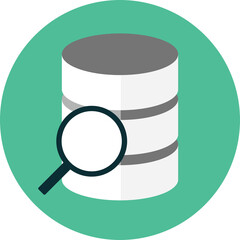 Database icon with magnifying glass on a teal circular background representing data search and analysis