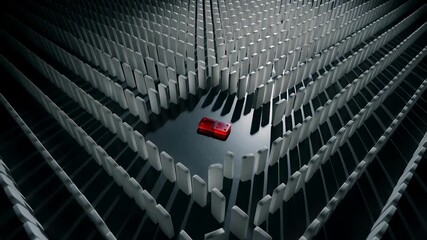 The bystander effect illustrated in a conceptual animation where one glowing red domino lies fallen, symbolizing a critical problem and the potential consequences of inaction in a chain reaction.