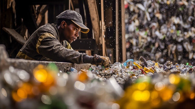 A man in a cap is sorting through a large pile of colorful plastic bottles