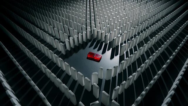 The bystander effect illustrated in a conceptual animation where one glowing red domino lies fallen, symbolizing a critical problem and the potential consequences of inaction in a chain reaction.