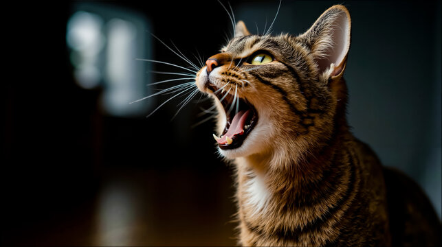 A close-up of a cat with its mouth open showing its teeth and tongue