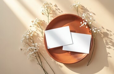 Blank white cards on plate with gypsophila flowers. Natural light creates shadows on beige background. Minimalist composition for branding and design.