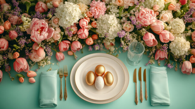 Happy Easter. Luxury white, pink, purple golden eggs and tulips bouquet arranged on napkin Easter table, matching cutlery and glassware