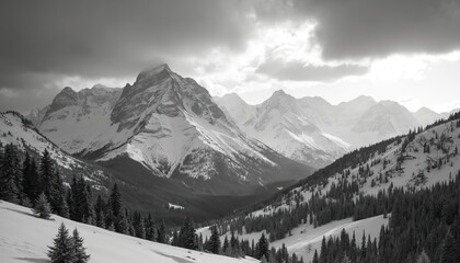 Black and white photo shows mountain range with peaks covered in snow. Dense forests grow on slopes. Cloudy sky creates dramatic contrast in this landscape.