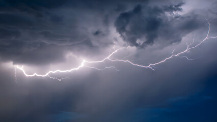 Dramatic lightning bolt strike in dark stormy sky, powerful thunderstorm background, dangerous weather concept, electrical discharge energy, night nature landscape.