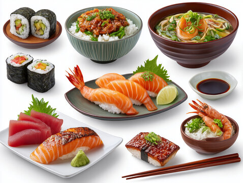 Variety of japanese cuisine with sushi and ramen
