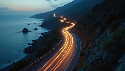 Scenic coastal road at dusk. Car light trails create motion blur on a winding highway near ocean. Asphalt road curves along cliffside. Transportation during twilight hours.