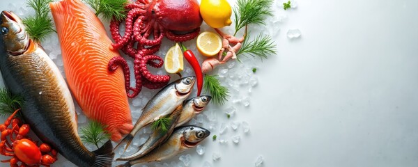 Assortment of fresh raw fish, seafood arranged on ice with lemon, herbs. Includes salmon, octopus, small fish, crayfish. Perfect for culinary art seafood restaurant menus. High quality ingredients