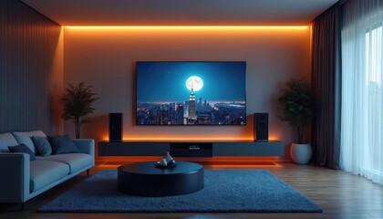 Fototapeta premium Modern sleek living room features large screen TV showing night city with full moon. Cozy interior comfy sofa, round coffee table, blue rug, speakers, green plants. Warm LED strips illuminate walls,