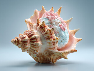 Obraz premium Conch shell filled with blue ice cream and pink topping