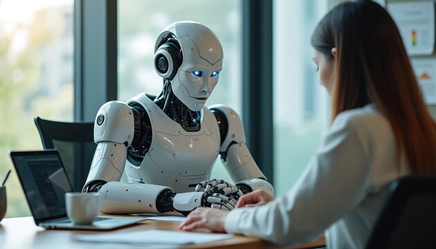 Woman and humanoid robot sit at desk in office. They work together analyzing data on laptop. Artificial intelligence and human teamwork concept. Collaboration between tech and people is shown.