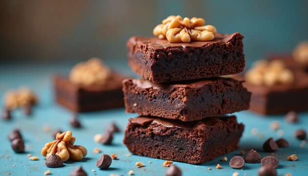 Stack of rich chocolate brownies with walnuts and chocolate chips. Sweet baked goods arranged on a blue surface. Homemade dessert ready to eat, perfect for cafes or parties.