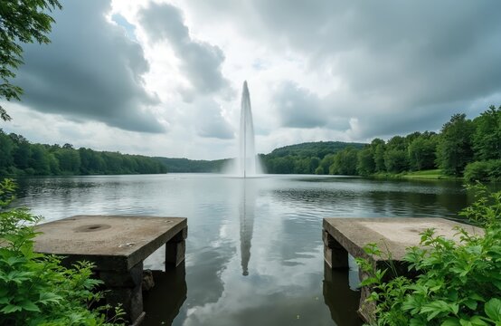 Wide lake with tall fountain jet and concrete platforms. Green forested hillsides surround water reflecting cloudy sky. Peaceful nature scene on summer day in Luxembourg.