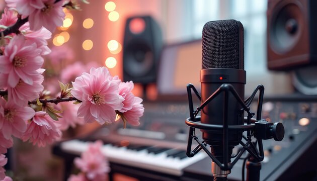Studio photo features a microphone with pink flowers. The image includes musical instruments and bokeh lights. A recording session is taking place. This photo can enhance any music related design.