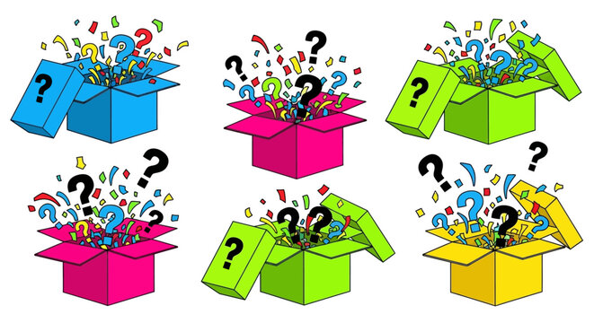 Colorful gift boxes surprise with question marks, confetti explosions for celebration, reveal fun