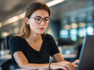 Fototapeta premium Young woman wearing eyeglasses working on laptop in modern office