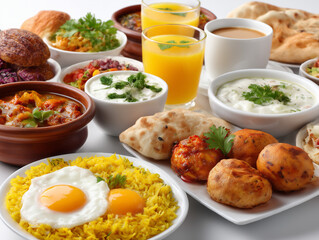 Varied indian food spread on white background