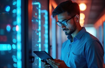 Man with glasses works at data center. He uses tablet for monitoring server room. Technician in modern tech room with digital technology. Digitalization and innovative process.