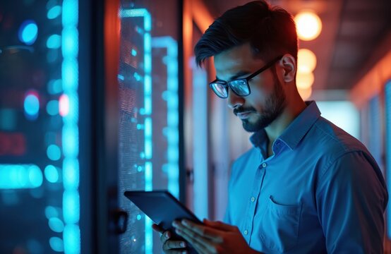 Man with glasses works at data center. He uses tablet for monitoring server room. Technician in modern tech room with digital technology. Digitalization and innovative process.