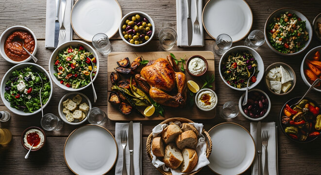 Lavish Holiday Dinner Table with Whole Roasted Chicken, Fresh Salads, and Mediterranean Dishes