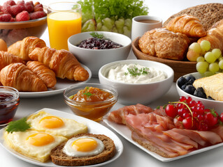 Delicious breakfast spread with croissants, eggs, ham, and fresh fruit
