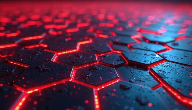 Hexagonal digital pattern glows with red light against dark textured surface. Geometric futuristic backdrop suggests technology and data flow. Abstract cybernetic design creates dynamic visual.